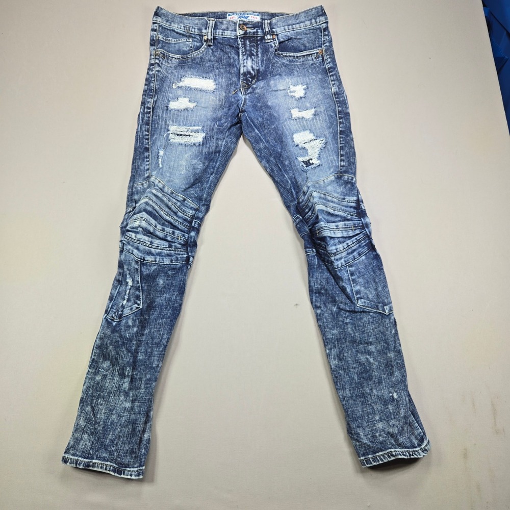 Parasuco Biker Fit Jeans Distressed Moto Ribbed Slim Leg Blue‎ Mens 32x34
